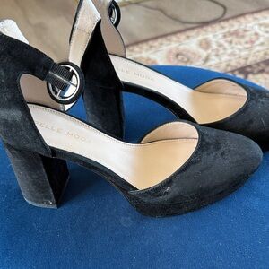 Pelle Moda Black Suede Block Heel Mary Jane Pumps